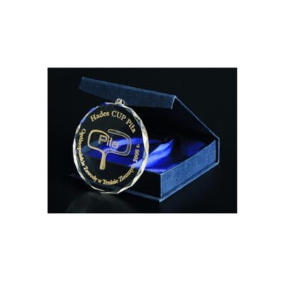 Engraved glass medal with case + paint filling