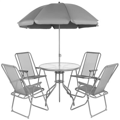 GARDEN FURNITURE SET ROUND TABLE 4 CHAIRS AND UMBRELLA DARK GRAY