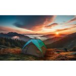 Camping tent high in the mountains. tourist tent camping in moun