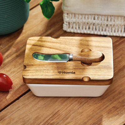 Butter bowl | MOOKA | porcelain with knife and acacia lid white | 11x16 cm | ALL 967850