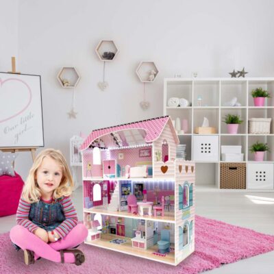 Koka leļļu māja MDF mēbeles 70cm rozā LED