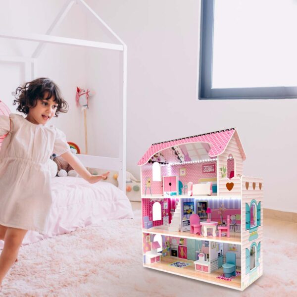 Domek-dla-lalek-drewniany-MDF-mebelki-70cm-rozowy-LED-175270 Domek-dla-lalek-drewniany-MDF-mebelki-70cm-rozowy-LED-175270