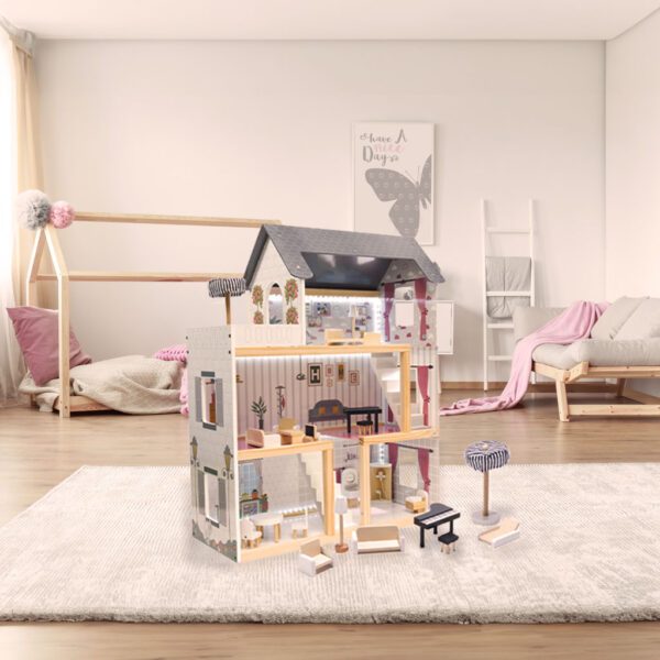 Domek-dla-lalek-drewniany-MDF-mebelki-78cm-czarny-LED-175089 Domek-dla-lalek-drewniany-MDF-mebelki-78cm-czarny-LED-175089