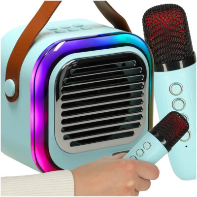 XL Bluetooth karaoke speaker set 2 microphones USB LED 10W blue