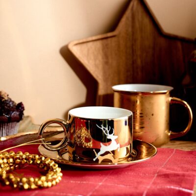 Чашка | FEHER | золотая с оленем и блюдцем | 713019