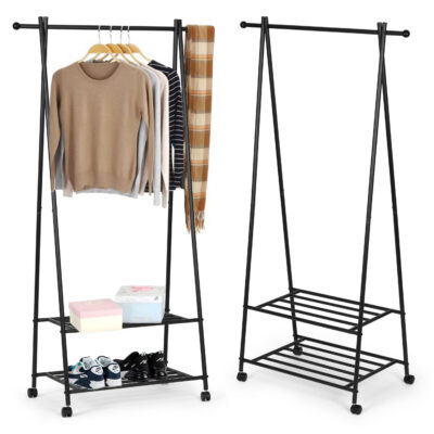 Hanger rack with 2 shelves for clothes and shoes