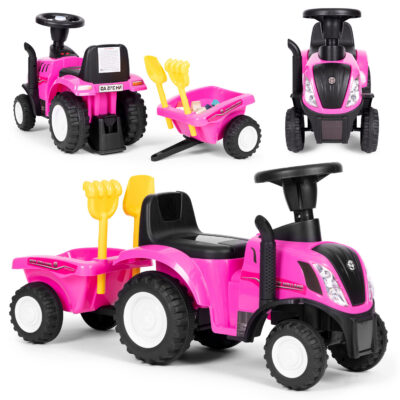 Ride-On Tractor New Holland with Trailer Interactive Steering Wheel Sounds for Children Pink