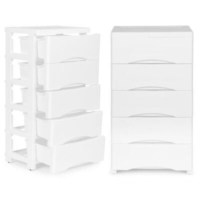 Стеллаж с 5 выдвижными ящиками и колесиками белый ModernHome