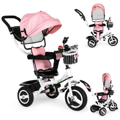 Трехколесный велосипед с вращающимся навесом на прочных резиновых колесах розовый ECOTOYS