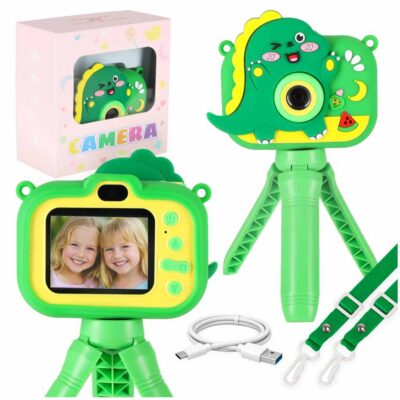 Digital camera for kids on a tripod dinosaur green