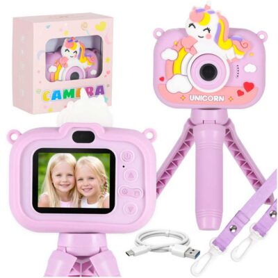 Digital camera for kids on tripod unicorn purple