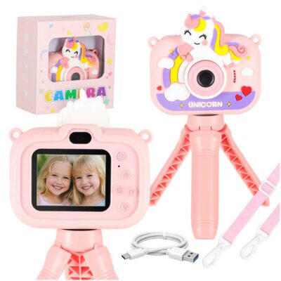 Digital camera for kids on tripod unicorn pink