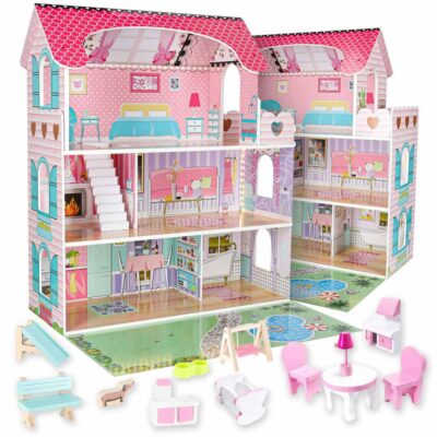 Lulilo Gardeno koka leļļu māja ar dārza mēbelēm 70cm rozā LED