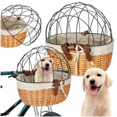 Wicker basket for bicycle with metal grille carrier for cat dog