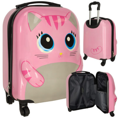 Travel suitcase for children hand luggage on wheels cat pink