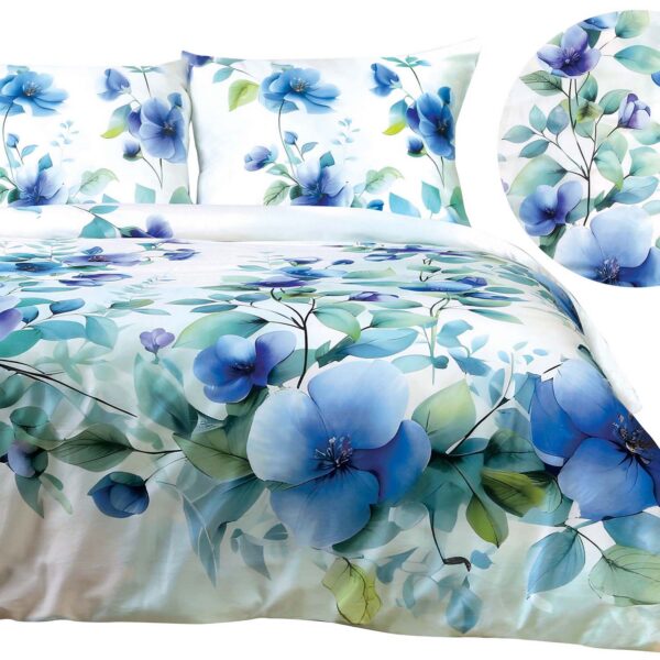 Minimalist bedroom with a plush white bed covered in a soft blue Minimalist bedroom with a plush white bed covered in a soft blue