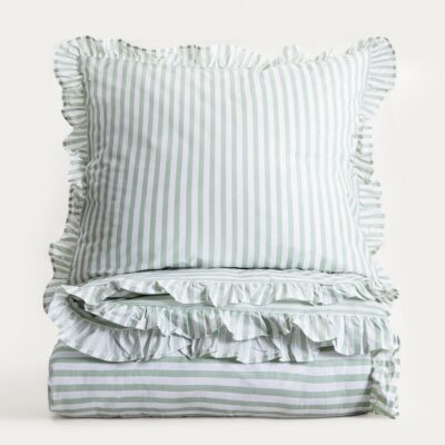 Pościel | TRUDY | bawełniana w pistacjowe paski z falbanką | 140x200 + 1*70x80 cm | 777806