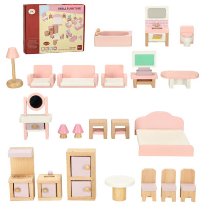 Dollhouse furniture living room bedroom bathroom kitchen wooden pink