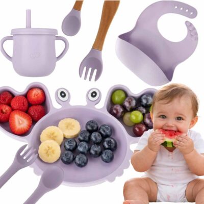 Silikona bērnu trauki baby crab komplekts 9 gabaliņi violeta krāsā