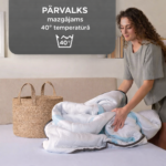 Woman tending to quilt with text overlay