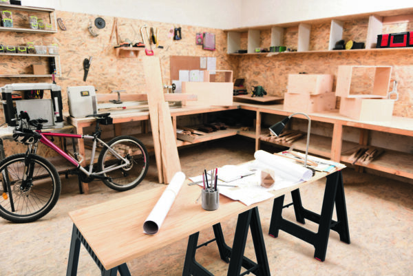 Room of timber master with working tops and tools Room of timber master with working tops and tools