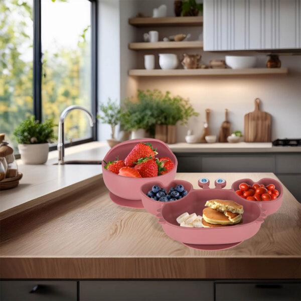 Naczynia-silikonowe-dla-dzieci-niemowlat-krab-zestaw-9-elementow-ciemny-roz-176354 Naczynia-silikonowe-dla-dzieci-niemowlat-krab-zestaw-9-elementow-ciemny-roz-176354