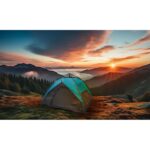 Camping tent high in the mountains. tourist tent camping in moun