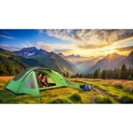 Scenic tourist camp in the mountains, with a tent in the foregro