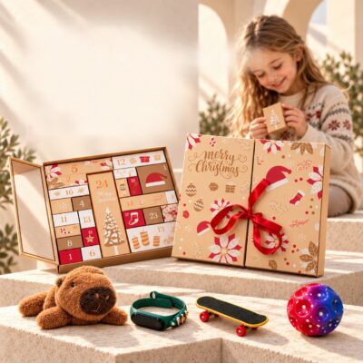 Adventes kalendārs Merry Christmas ar atvērtiem lodziņiem un pārsteigumiem: plīša rotaļlieta, pulkstenis, pirkstu skrituļdēlis un bumba