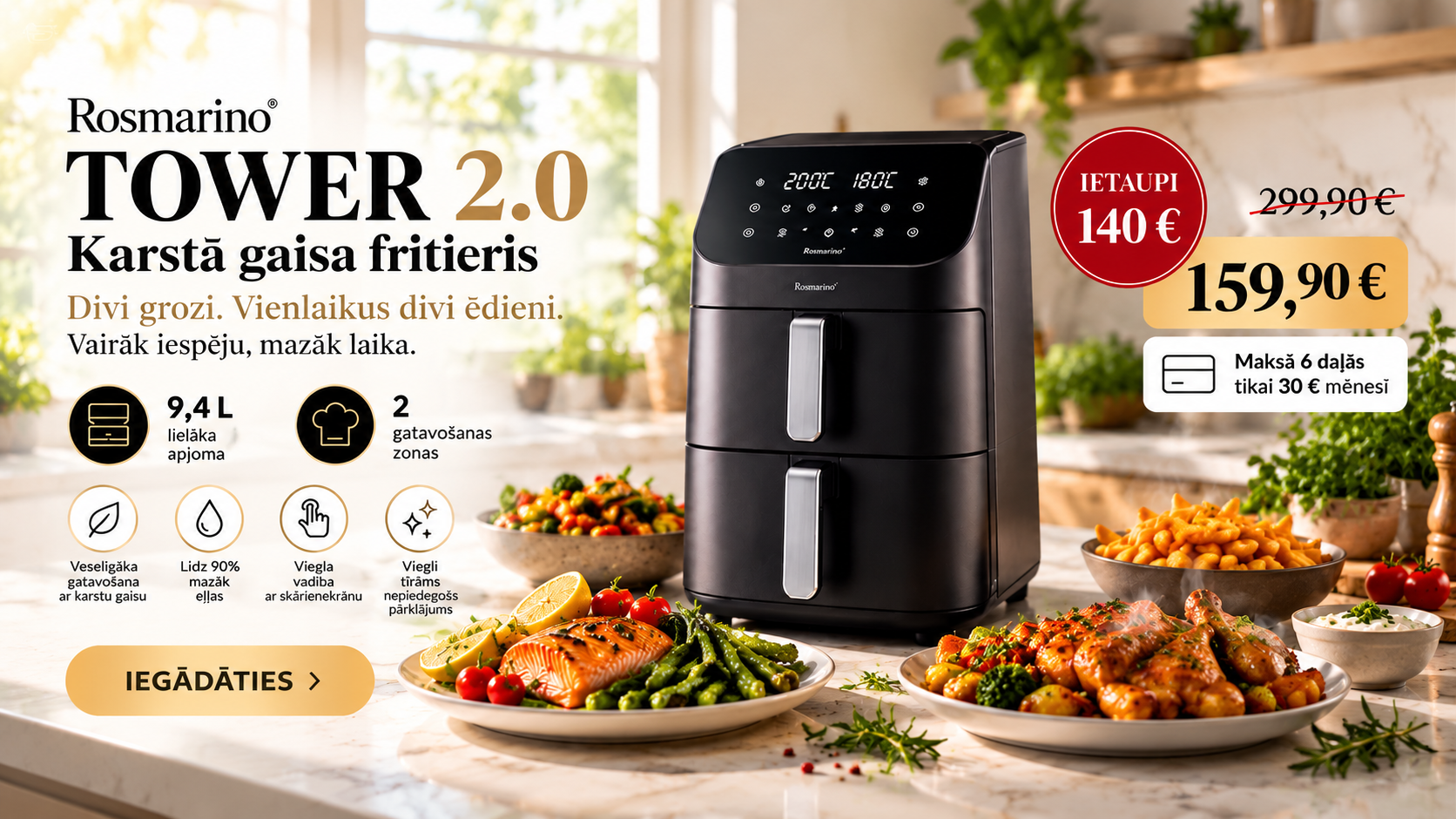 Rosmarino Tower 2.0 karstā gaisa fritieris ar 2 groziem, 9,4 L - tagad 159,90 € (iepriekš 299,90 €)